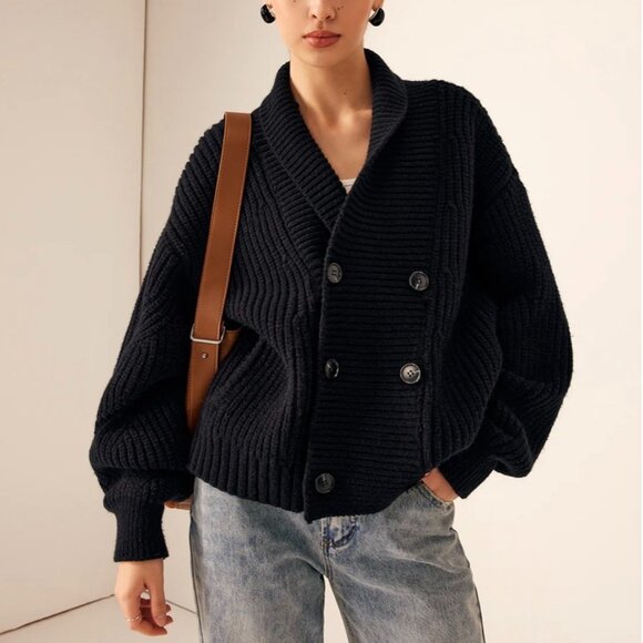 Ribbed Lapel Button Knit Outerwear, black, M size, New with tag. - Picture 6 of 7